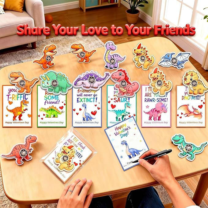 Valentines Day Gifts for Kids, 24 Pack Valentines Day Cards with 24 Dinosaur Fidget Spinners, Valentines Day Gifts Exchange for Kids, Valentines Gifts Party Favors for Classroom School