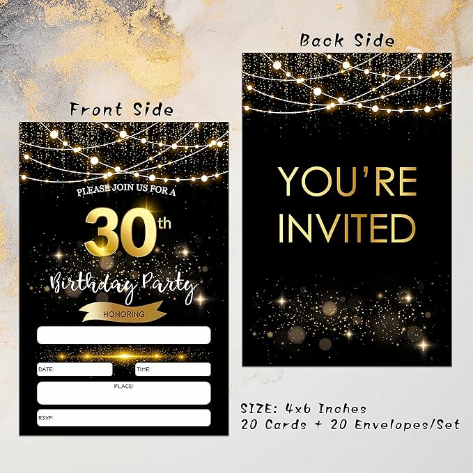 30th Birthday Invitations with Envelopes - Black Gold Glitter Fill-in Invites Cards - Surprise Birthday Party Invitation Card for Him/Her - Adults Birthday Party Favors Supplies Decorations (20 Pack)