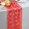 Snowkingdom Red Table Runner, 120 Inches Long Sheer Tulle with Gold Snowflake for Winter Holiday Wedding Home Party Valentine's Day New Year Christmas Table Decor