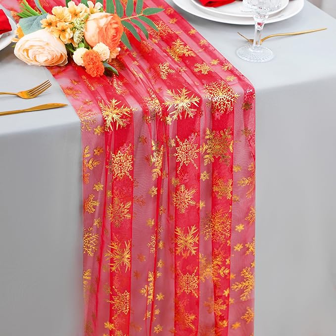 Snowkingdom Red Table Runner, 120 Inches Long Sheer Tulle with Gold Snowflake for Winter Holiday Wedding Home Party Valentine's Day New Year Christmas Table Decor