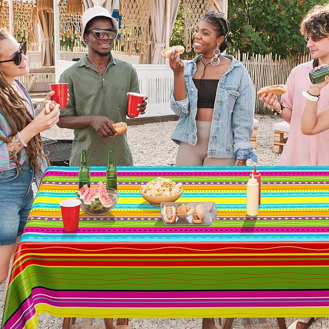 6 Pcs Mexican Party Decorations, 54"X108" Disposable Fiesta Tablecloths, Colorful Mexican Striped Tablecover Plastic Tableware Fiesta Decor for Cinco De Mayo, Taco Night, Mexico Themed Party Supplies