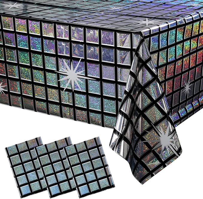 FunnyPars 3 Pack Disco Tablecloth Party Decorations, Shiny Iridescent Disposable Laser Rectangle Table Covers, Silver Plastic Table Cloth for 70s Disco Birthday Theme Party Decorations, 39 x 108Inch