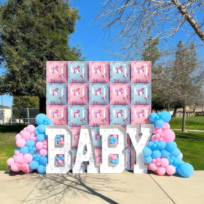 Pink and Blue Foil Balloon Wall Square, 19 Inch 25PCS Bow Print Double Sided Baby Blue Pastel Pink Balloon Backdrop Tunnel Arch Kit for Baby Shower Gender Reveal Birthday Bridal Party Decor
