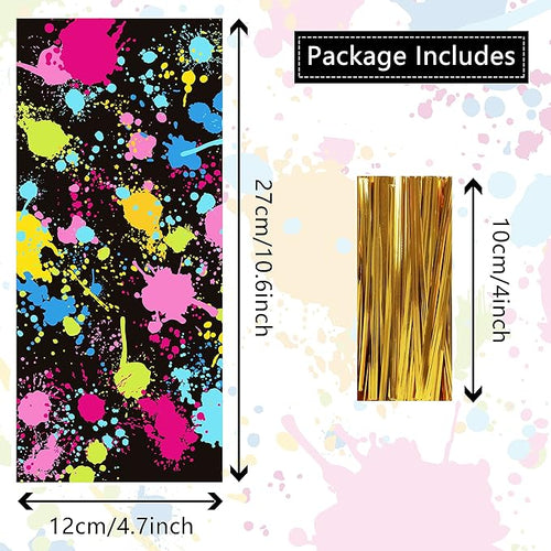 100 Pcs Neon Glow Party Candy Bags Plastic Treat Bags 10.6 x 4.8 Inch Colorful Goodie Bags Glow in the Dark Party Gift Bags Supplies Favors Slime Party with 100 Pieces Twist Ties Decorations