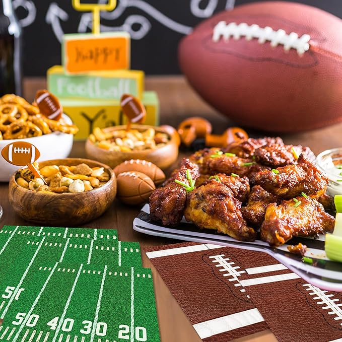 100-Pack Football Party Napkins, 2 Designs, 6.5x6.5 Inch Disposable Paper Napkins for Super Bowl, Football Birthday, Tailgate Party Decorations & Supplies