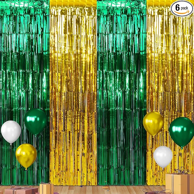 6Pack 3.3Ft x 6.6Ft Graduation Foil Fringe Curtain Backdrop Decorations, Green Gold Metallic Tinsel Foil Streamers Curtain Photo Booth Background for Graduation Prom Wedding Birthday Party Decoration