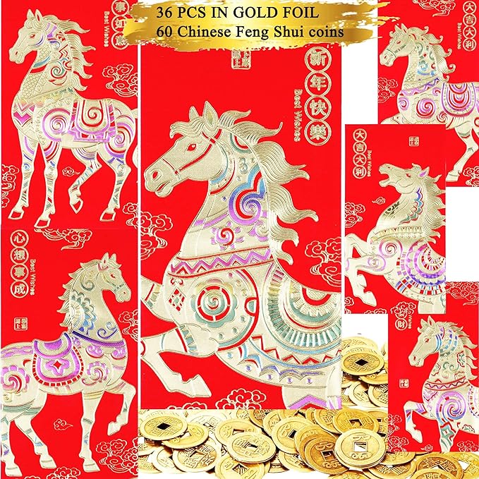 Red Envelopes Chinese New Year Of The Horse 2026,红包, Lucky Money Envelopes For Lunar New Year, Li Xi Chinese Feng Shui Coins I-Ching Fortune Coin for Health Wealth Hongbao 36Pcs Large and 60 Coins