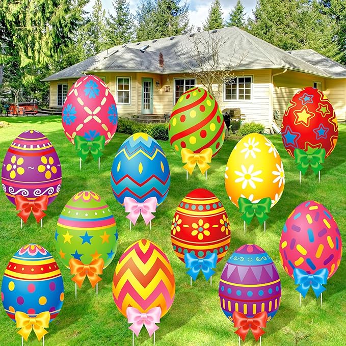 Amyhill 12 Pcs Easter Outdoor Yard Decoration Eggs Garden Lawn Stake Signs with Stakes and Bow Waterproof Corrugated Easter Outdoor Decoration for Patio Lawn Walkway Spring Party Decorations, 12 Style