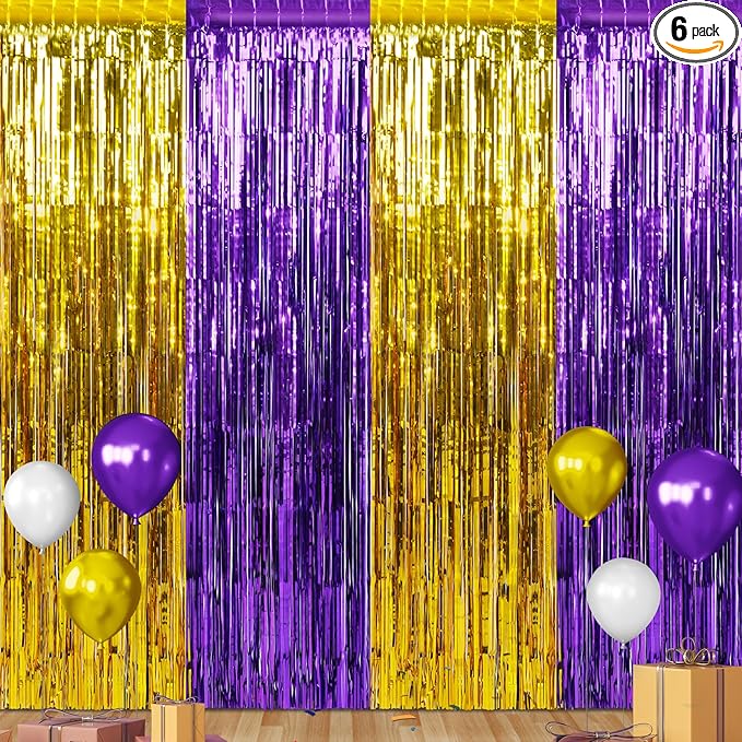 6Pack 3.3Ft x 6.6Ft Graduation Foil Fringe Curtain Backdrop Decorations, Purple Gold Metallic Tinsel Foil Streamers Curtain Photo Booth Background for Graduation Prom Wedding Birthday Party Decoration