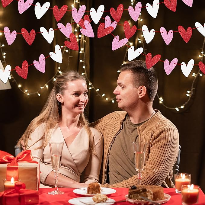 Tifeson 4 Pack Glitter Heart Garland Banner, NO DIY, Valentine's Day Decorations, Red Pink White Paper Heart Banner for Valentines Home Mantle Wall Table Wedding Engagement Anniversary Galentines Decor