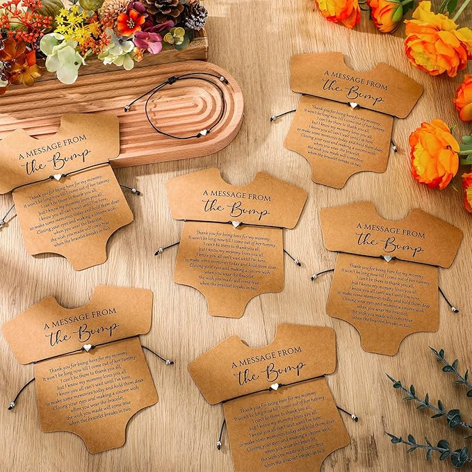 Henoyso 25 Sets Baby Shower Bracelets Adjustable Wish Bracelets Card Heart Charm Baby Shower Party Favor for Guest Gender Reveal Gifts(Kraft)