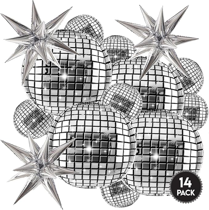 Inflatable Disco Ball Balloons Pack of 14 - 22” Silver Mylar Foil Disco Party Balloons with Star Balloons, Ribbon & Pipe for New Year's Disco Ball Decorations Party, Bachelorette, Birthday Décor