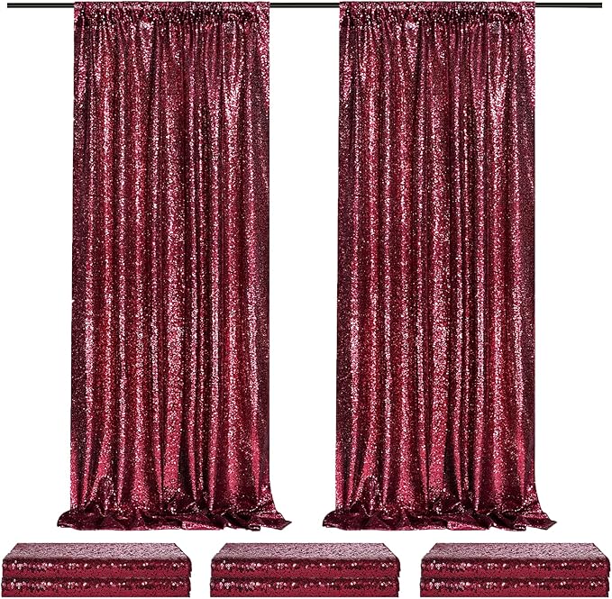 6 Pack 2x8FT Sequin Curtain Backdrop Burgundy Red Party Photo Backdrop for Birthday Girl Princess Bachelorette Wedding Bridal Shower Decorations