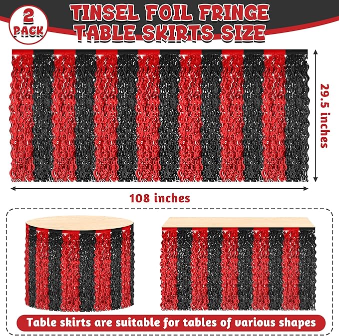 2 Pack Desk Skirt, Black Red Desk Grass Skirt for Table, Halloween Metallic Wavy Tinsel Foil Fringe Table Skirts, Foil Table Skirt for Halloween Graduations Birthday Indoor Party Decorations