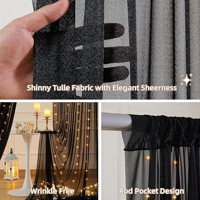 10x10FT Black Wrinkle Free Backdrop Curtains with Lights String for Parties - Photo Curtain Backdrop with Lights for Wedding Decorations, Bridal Baby Shower Birthday Party Photography Background