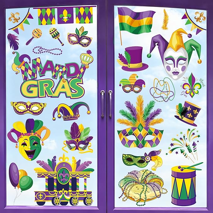 9 Sheets Mardi Gras Window Clings, 11.8 × 7.8 Inches Mardi Gras Decorations, Purple, Gold and Green Window Decals, Double-Sided Carnival Sticker Decor for New Orleans Carnival Holiday Party Supplies