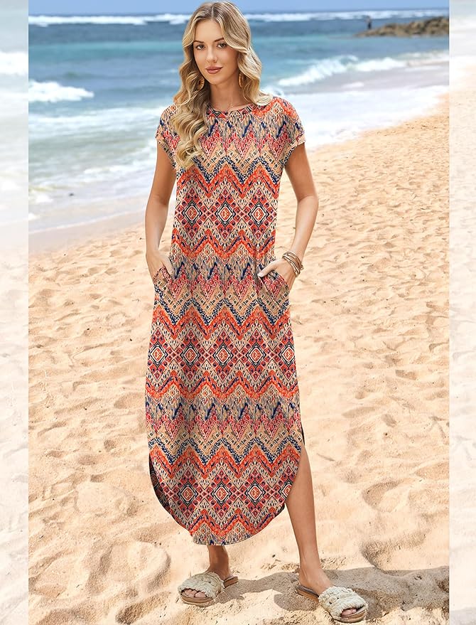 WIHOLL Summer Dresses Cap Sleeve Crewneck Maxi Long Casual Dress with Pockets Beach Vacation Sundresses 2026 Trendy