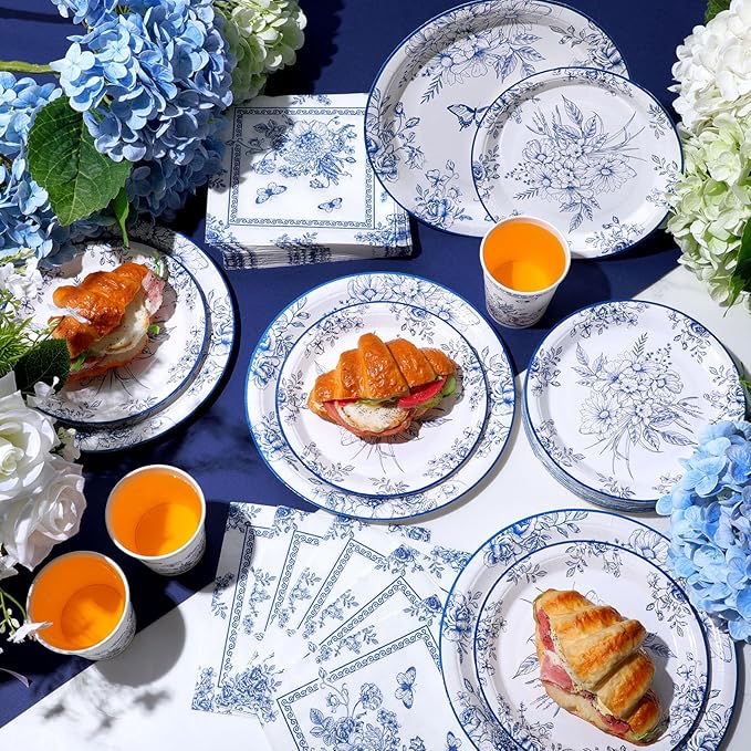 Pickmesh 250 Pcs Blue Floral Party Disposable Tableware Set Paper Plates and Napkins Cups Supplies Tea Party Theme Dinner Dinnerware for Birthday Bridal Baby Shower wedding Decoration Serves 50