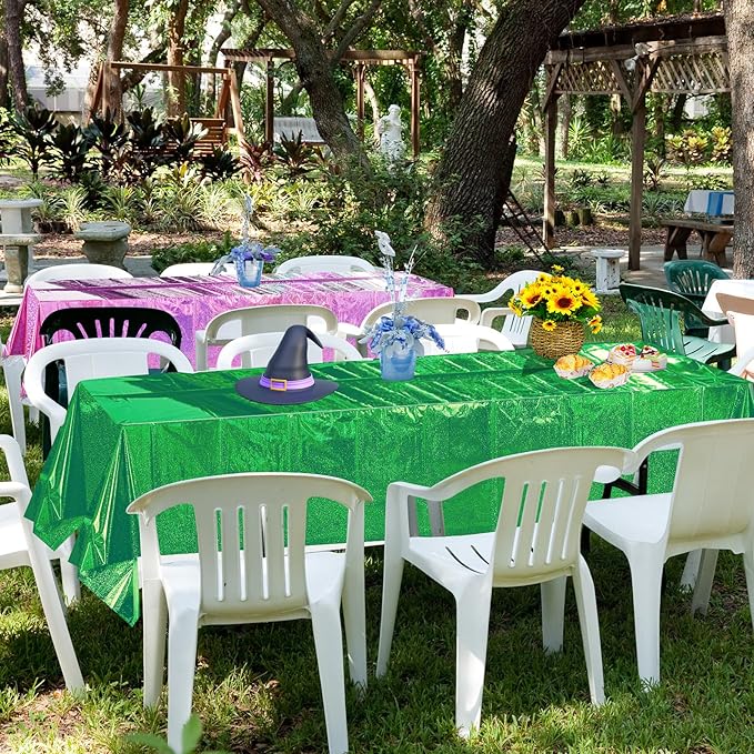 4 Pcs Iridescent Pink and Green Tablecloth Party Decorations, Holographic Foil Plastic Table Cloths for Rectangle Tables, Disposable Green and Pink Table Cover for Witch Theme Birthday Party Supplies