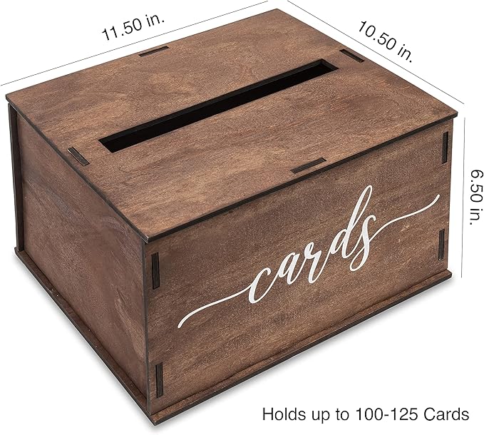 Wooden Wedding Card Box with Slot & Lid | Graduation Card Box | Rustic Vintage Decorations for Reception for Wedding Registry Gifts, Honeymoon Funds & Money | Baby & Bridal Shower - Standard Size