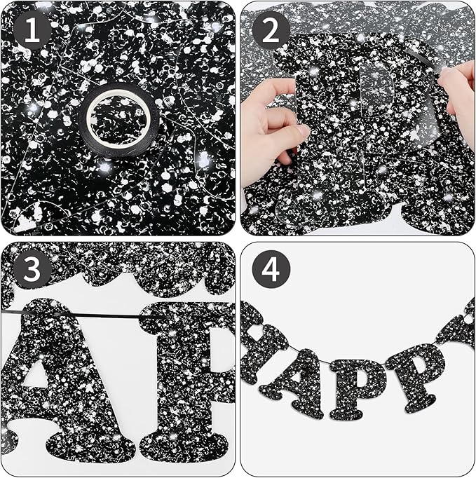 Glitter Black Happy Birthday Banner Birthday Party Decorations Sign Garland Bunting Banner for Wall Decor Party Background for Kids Boys Girls Adults