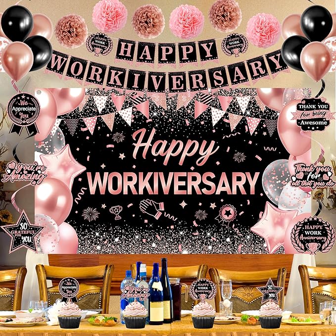 DARUNAXY Happy Workiversary Party Decorations for Women, Rose Gold Happy Work Anniversary Banner Cake Topper Hanging Swirl Confetti Balloons Decor Set for Pink Employee Office Party Supplies for Girls