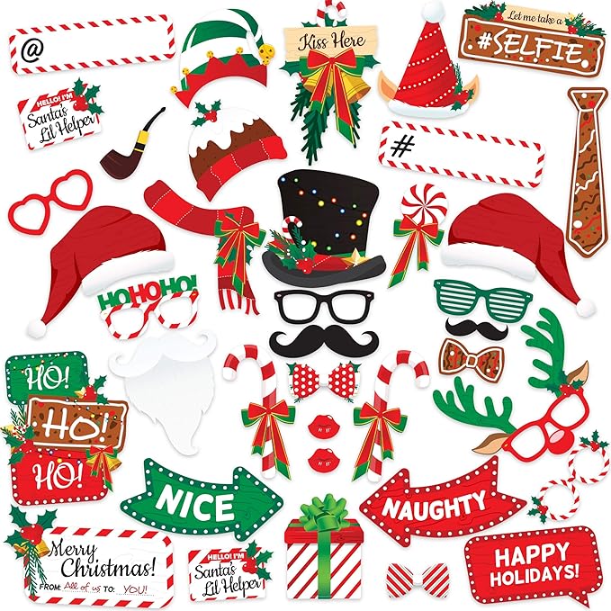 Christmas Photo Booth Props 38pc Set - Christmas Party Decorations, Party Favors, Games & Supplies for Kids Adults - Christmas Photo Props Backdrop Table Decorations Accessories