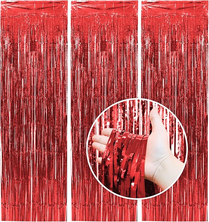 Homiest 3 Pack Red Tinsel Backdrop, 3.3x6.6 FT Metallic Tinsel Foil Fringe Curtains Party Decorations, Birthday Door Streamers for Baby Shower Wedding, Photo Booth Props Background Wall Decor