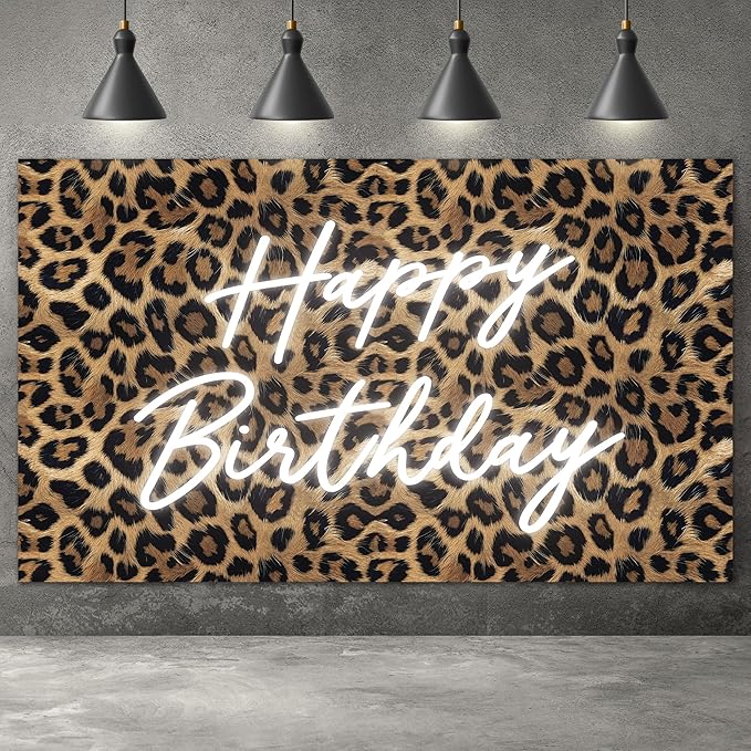 Happy Birthday Backdrop Leopard Print, 5 x 3 Ft Cheetah Print Birthday Decorations Backdrop Banner for Women Girl, Cheetah Leopard Party Decorations for Wall, Photography Background