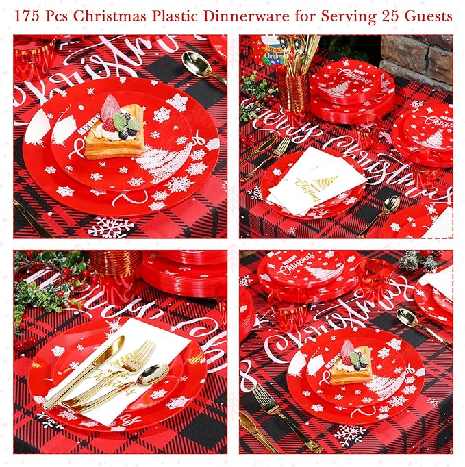 Maxcheck 175 Pcs Christmas Plastic Dinnerware Merry Christmas Plate Set 25 Dinner Plate 25 Dessert Plate 25 Napkin 25 Fork 25 Knives 25 Spoon 25 Cup for Xmas Holiday Party Supplies Serve for 25