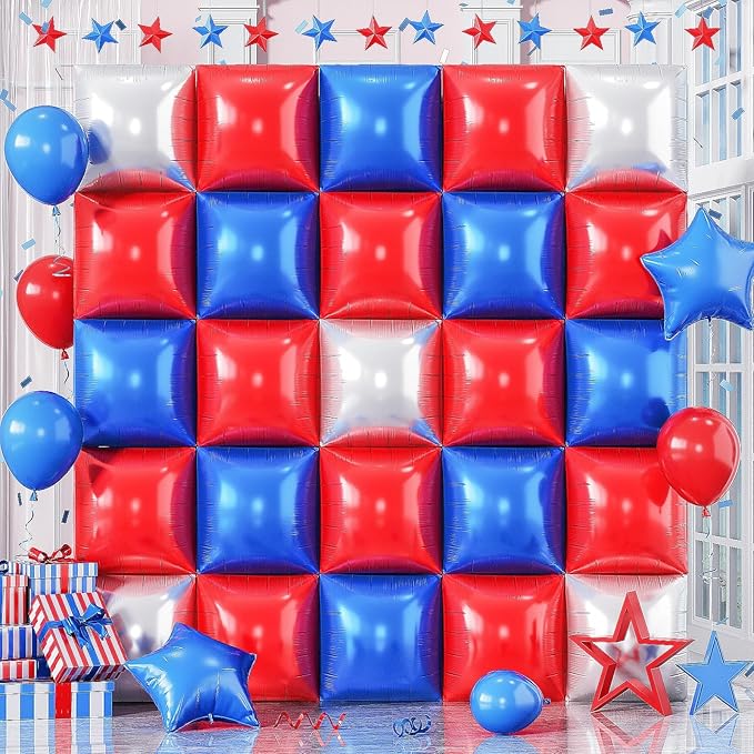 Blue Red Square Balloon Foil, 25PCS Double Sided Royal Blue Red and Metallic Silver Square Foil Balloon Backdrop Wall for 4th of July Independence Day Memorial Day Baseball Sport Birthdays Graduation