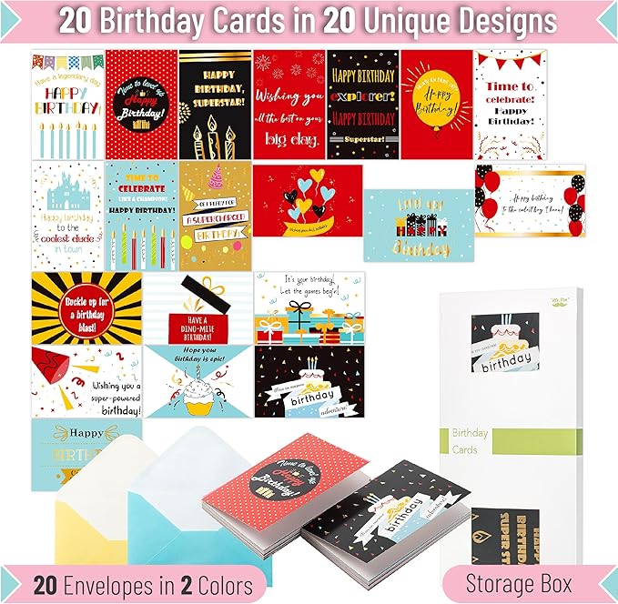 Mr. Pen- Birthday Cards with Envelopes, 20 Pack, 4" x 6", Assorted Color with Gold Foil, Blank Inside, Greeting Cards Birthday
