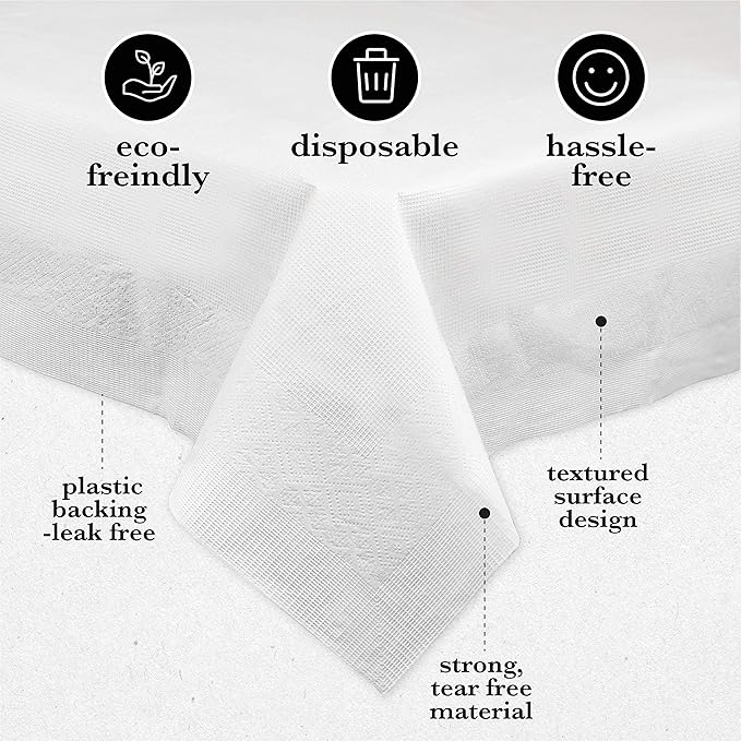 PLASTICPRO Disposable 3 Ply Paper & Plastic Tablecloth Absorbent, Waterproof, White Table Cover for Rectangle Tables fits 6-8 Foot Tables Size: 54'' X 108'' Case of 40