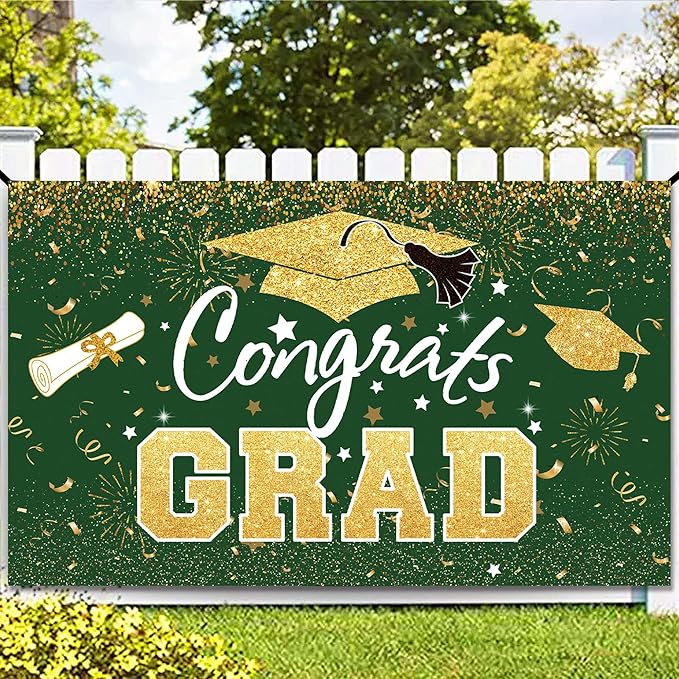 Graduation Party Decorations - Green Gold Congrats Grad Class of 2026 Backdrop Banner Large Sign Wall Decorations Photography Background Party Supplies for 2026 Graduation Party Decorations