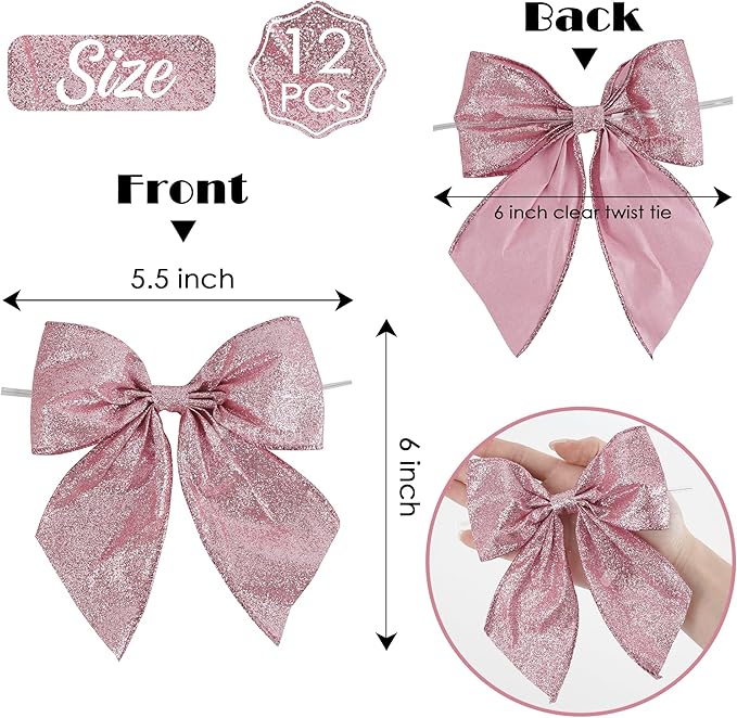 AIMUDI Pink Glitter Wired Ribbon Bows with Twist Tie 5.5" Premade Metallic Christmas Bows for Gift Wrapping, Wreath, Garland, Holiday Crafts Party Home Outdoor Christmas Tree Decorations, 12 PCs
