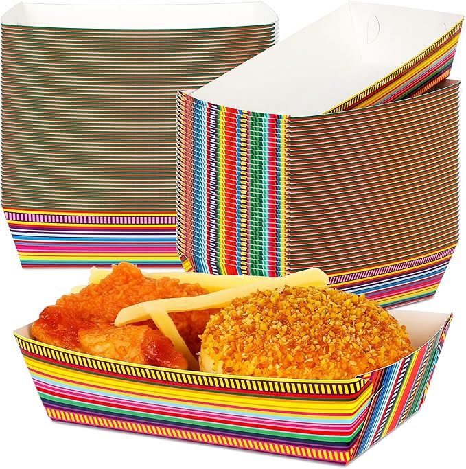 100 PCS Cinco De Mayo Plates, Large Capacity Mexican Plates, Serape Cinco De Mayo Food Trays Fiesta Hot Dog Trays Mexican Trays for Serving Food, Disposable Fiesta Party Decorations
