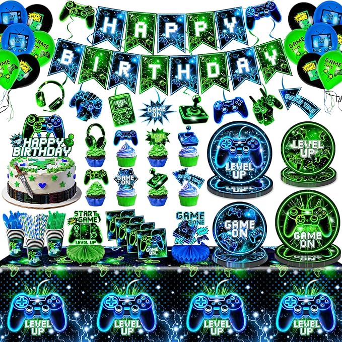 Video Game Birthday Party Decorations for Boy, Neon Gamer Party Tableware Set with 24PCS Plates Cups Napkins, Banner Tablecloth, Balloons, Game Level Up Theme Decor Serves 24