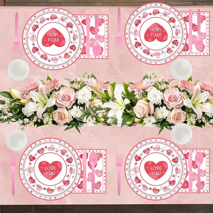 168Pcs Valentines Paper Plates and Napkins,Valentine's Day Party Supplies Pink Heart Paper Plates Napkins Cups Dinnerware for Galentines Party Decorations,Serves 24