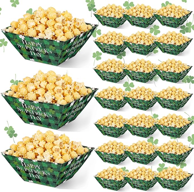Marspark 24 Pcs St. Patricks Day Popcorn Boxes Paper St. Patrick's Food Trays Green Shamrock Snack Serving Trays Decorations Irish Disposable Paper Platters for Cookie Holiday Party Supplies Family