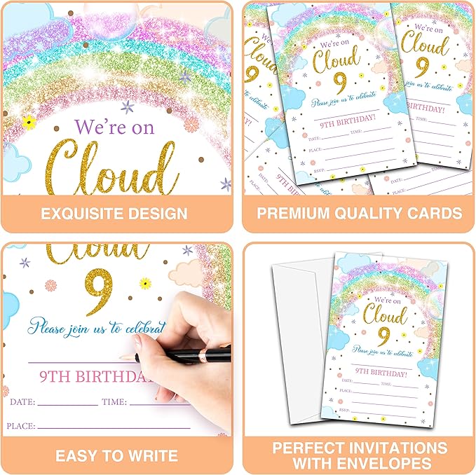 9th Birthday Invitations Cards, 4"x 6" Rainbow Clouds Birthday Party Invites with Envelopes for Party Decorations Supplies(20 Pieces) -D04