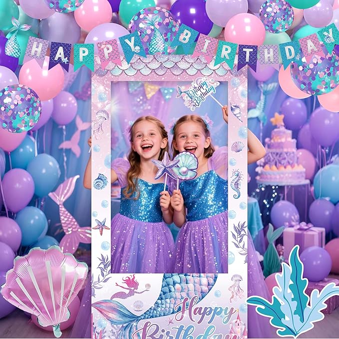 Mermaid Birthday Decorations for Women,Happy Birthday Banner, 35 Balloons,Photo Booth Props for Kids Girls