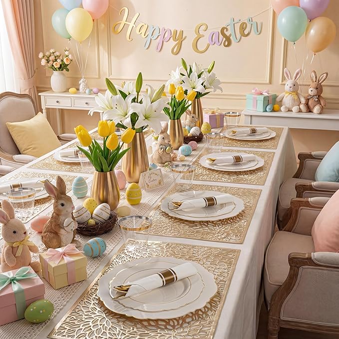 Liacere 350PCS Ivory Plastic Plates - Cream Disposable Plates With Gold Rim - 50Guest Baroque Plastic Dinnerware include 100 Plates - 50 Pack Pre Rolled Napkins Silverware 50Cups for Wedding＆Easter