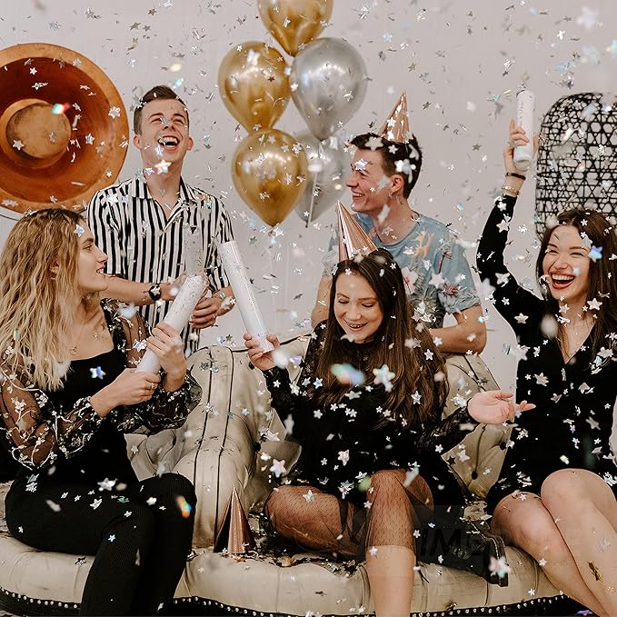 PrimePure Confetti Cannon Party Poppers - Holographic Silver Stars Confetti Popper - 6 Pack - Party Cannon Silver Glitter Star Pop Gun for Birthday, Wedding, Graduation, Celebration, Pranks