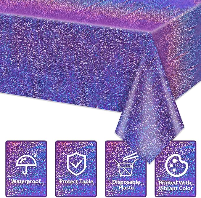 4Pcs Purple Holographic Tablecloths Rectangular Purple Iridescent Tablecloth Shimmer Metallic Table Covers for Butterfly Mermaid Party Birthday Wedding Christmas Holiday Party Decorations, 54x108Inch