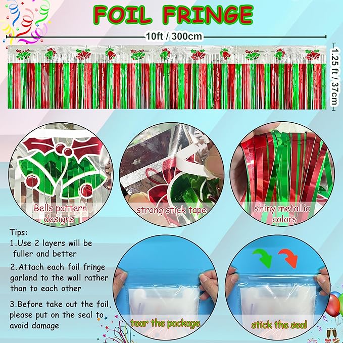 4 Pack 39Ft Christmas Parade Floats for Trailer Car, Bells & Snowflakes Foil Fringe Garland Tinsel Streamers Hanging Banner Table Skirts for Christmas Homecoming Birthday Party (Bell)