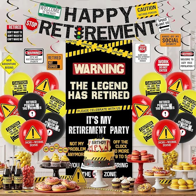 Roetyce Retirement Decorations Men Women, Caution Logos Happy Retirement Banner Balloons Hanging Swirls Kit, Funny Legend Retired Party Supplies Backdrop for Coworker Family, Retired Door Wall Signs