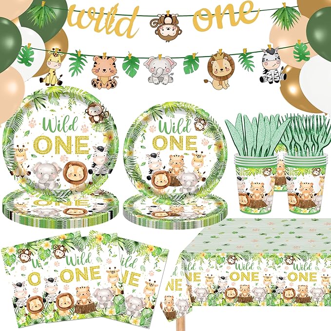 222 PCS Wild One Birthday Decorations, Jungle Safari Baby Shower Decorations Tableware Set with Animal Plates Napkins Cutlery Tablecloth Banner for 20 Guests