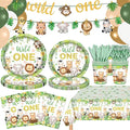 222 PCS Wild One Birthday Decorations, Jungle Safari Baby Shower Decorations Tableware Set with Animal Plates Napkins Cutlery Tablecloth Banner for 20 Guests