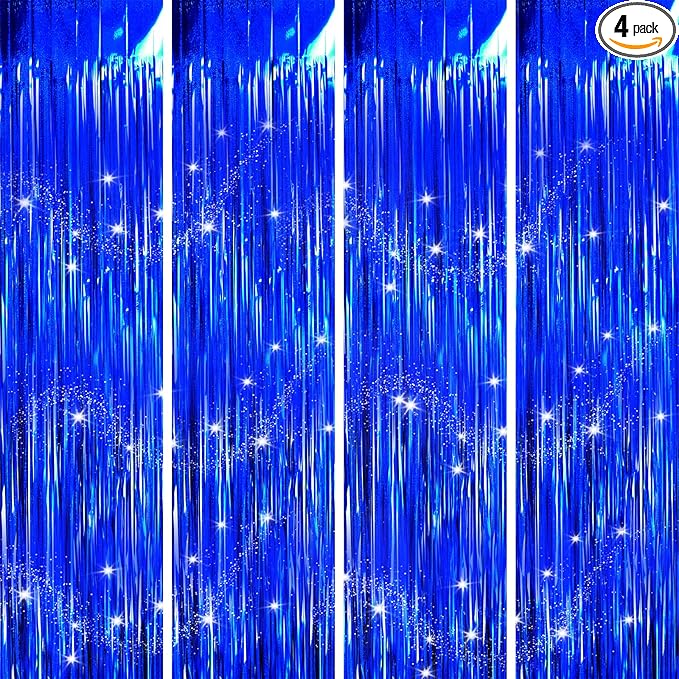 Backdrops Curtains Party Decorations, Tinsel Blue Streamers for Birthday Decorations, Photo Booth Props for Wedding, 4Pack 3.28X6.56Ft