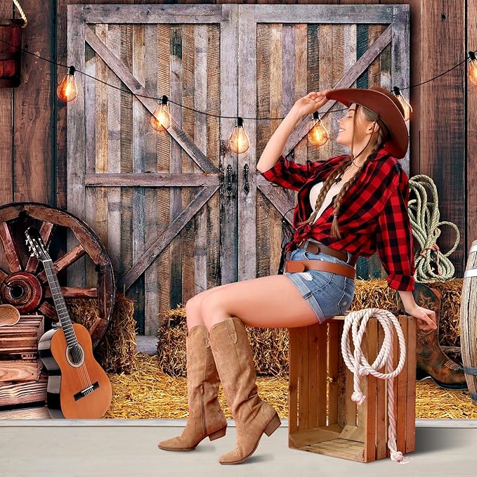 Moukeren 13 x 6 ft Western Party Backdrop Western Cowboy Party Decoration Wild West Decor Wooden House Barn Photo Background for Birthday Wedding Supply